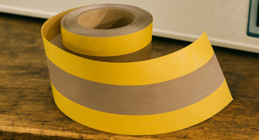Close up view of Taconic PTFE coated Zone Tape applied to a heat sealing bar on a packaging machine, showing non adhesive lanes for improved heat transfer, clean seal performance, and extended equipment life in high temperature packaging applications.